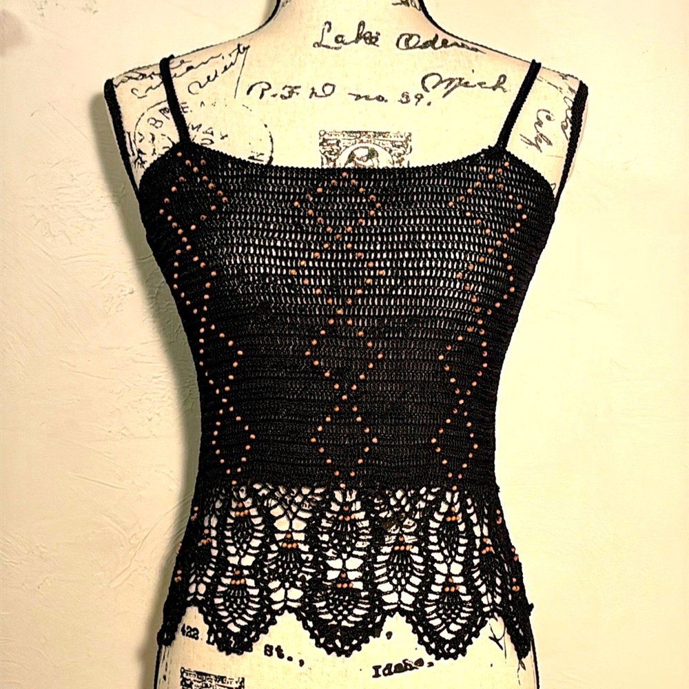 EVIDENCE by MENTA Black Crochet Rayon Beaded Cami/Tank w/adj Strapx, Sz XS